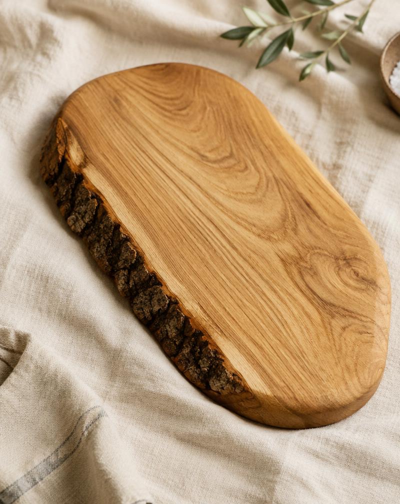 Oak chopping board with a natural bark edge