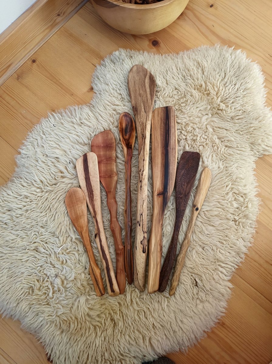 Eight hand-carved wooden spatulas, a spoon and a spreader standing in a row on a cream sheepskin rug, each showing its own grain, bark edges and carved handle