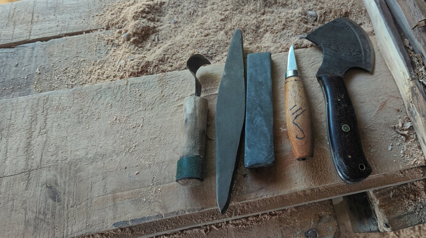 Carving knives, a hooked spoon knife, a damascus axe and two sharpening stones laid out on a sawdust-covered bench