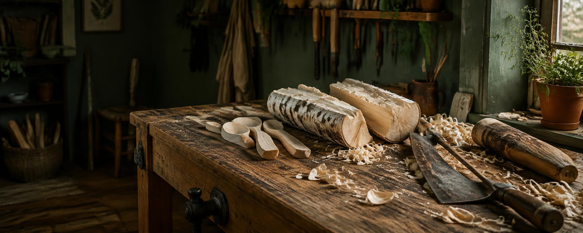 Split birch logs and rough spoon blanks on a weathered workbench beside a froe and wooden club, shavings scattered in window light