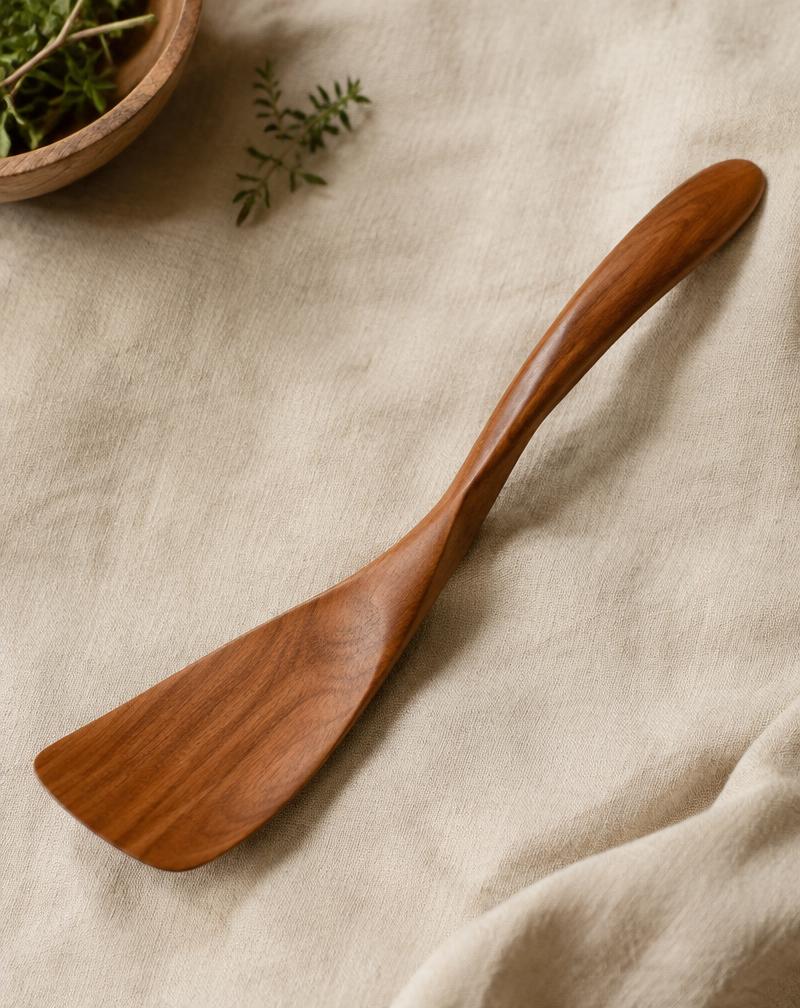 Hand-carved cherry spatula with a thin swept blade